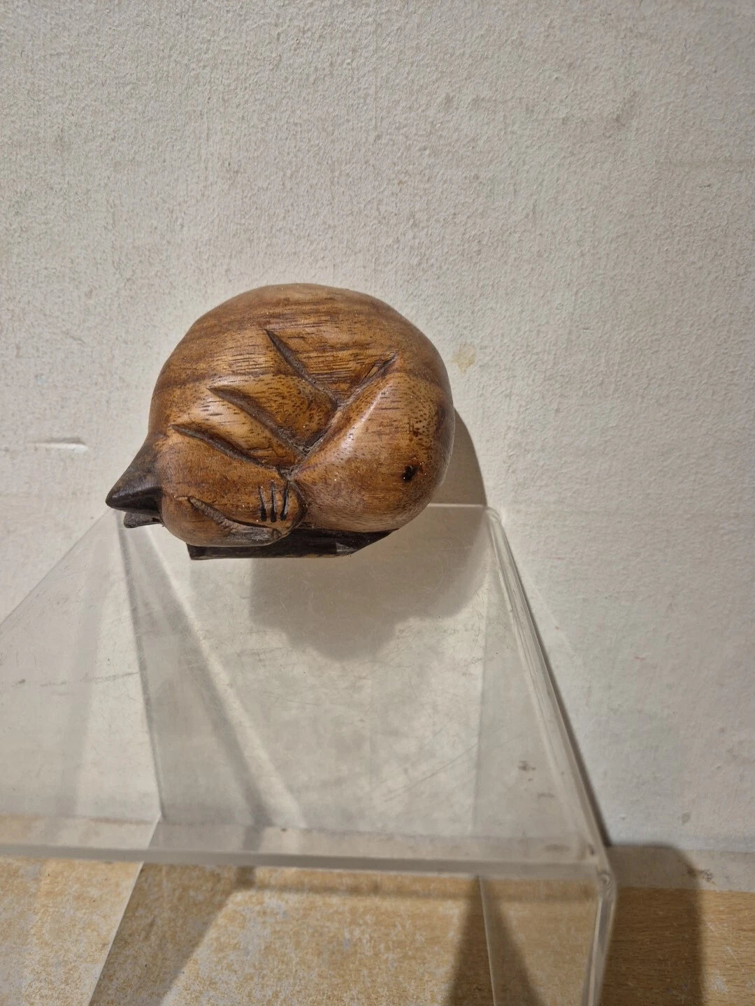 Wooden Cat Curled Up Sleeping Figurine Ornament Paperweight Figure