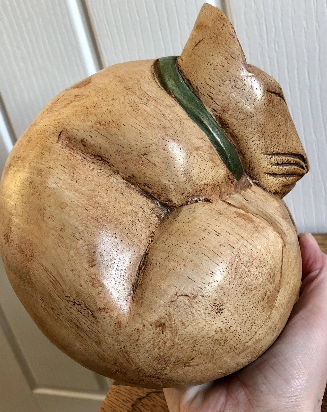 Hand Made Carved Wooden Sleeping Cat / Curled Up Cat Figure Sculpture