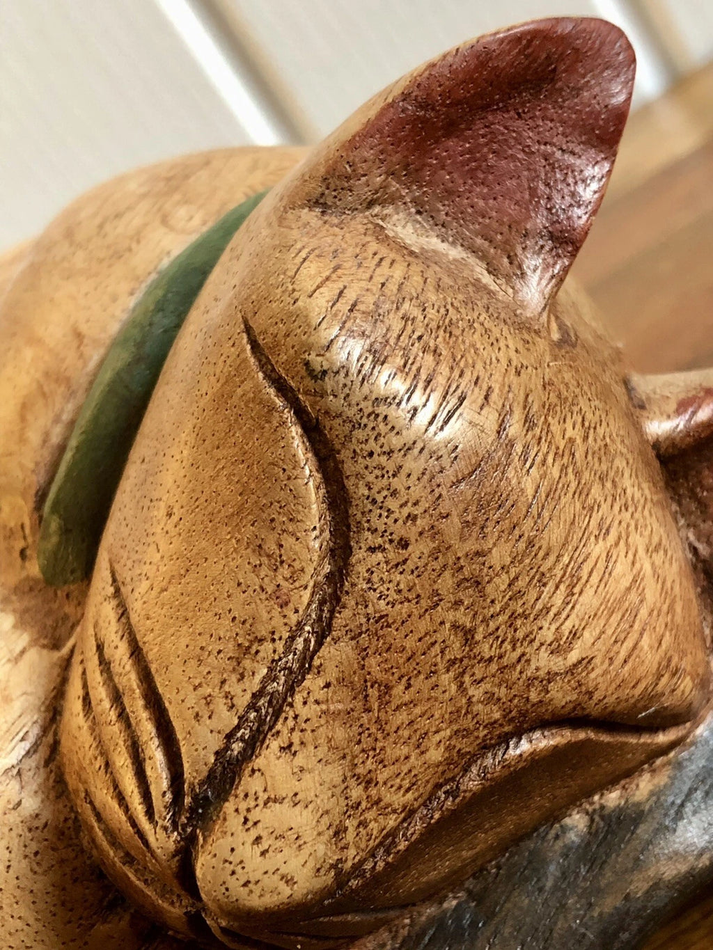 Hand Made Carved Wooden Sleeping Cat / Curled Up Cat Figure Sculpture