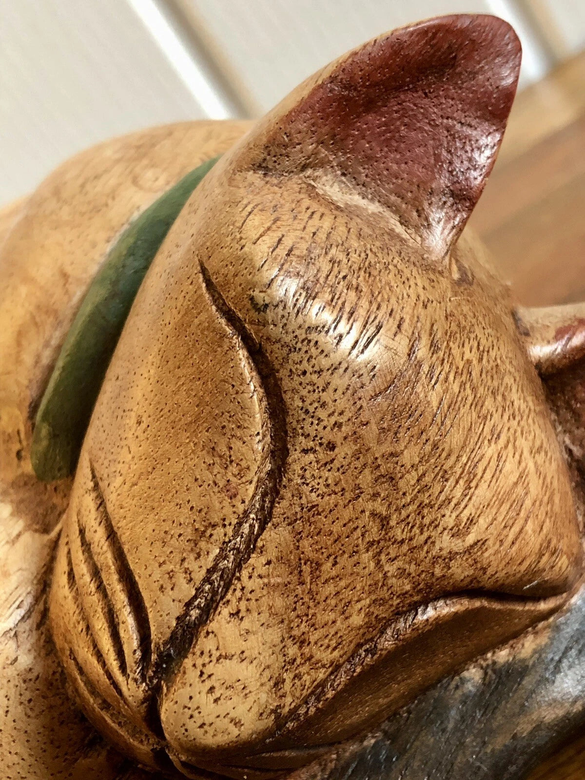Hand Made Carved Wooden Sleeping Cat / Curled Up Cat Figure Sculpture